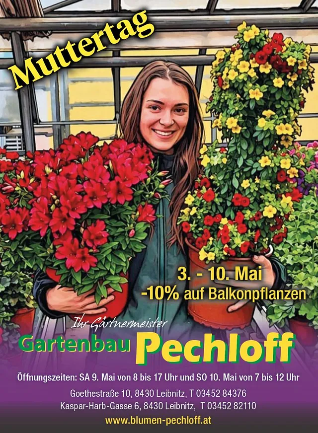 Blumen Pechloff – Eine junge Dame hält rot und gelbe Blumensträuße für Muttertag in den Händen.
